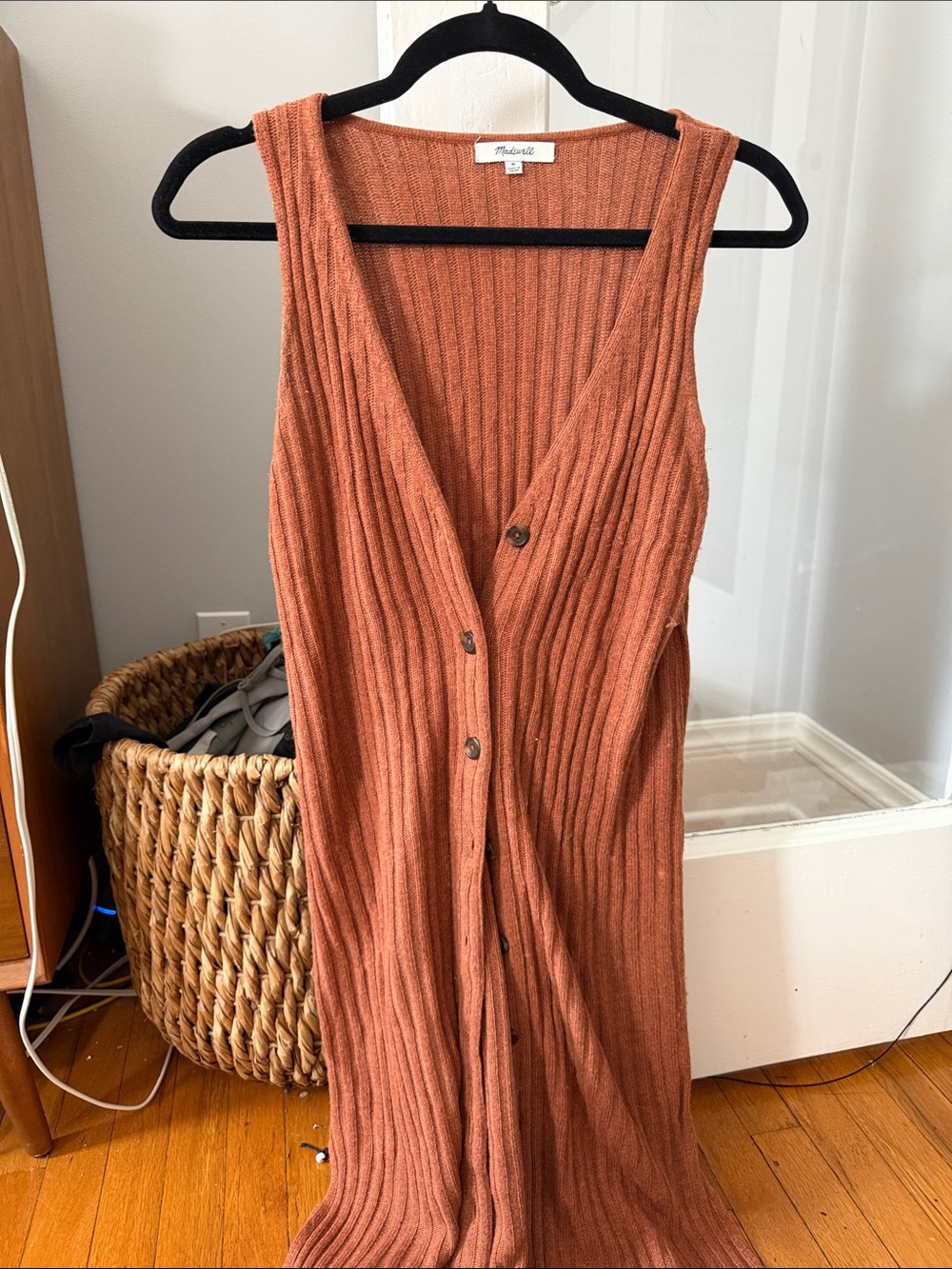 Madewell Ribbed Button-Front Midi Dress in Rusty Orange